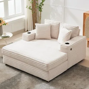 60" Oversized Chaise Lounge Chair Indoor, Comfy Corduroy Lounge Sofa with Charging Station, Cup Holders & Throw Pillows, Cozy Sleeper Couch for Living Room Apartments, Beige