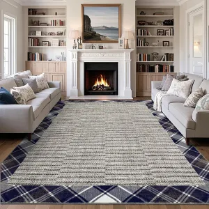 Checkered Bordered Rug 10x13 Washable Stain Resistant Low Pile Non-Slip Foldable Indoor Apartment Nursery