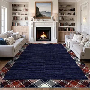 8x10 Area Rugs Washable Non-Slip Rugs for Living Room , Modern Soft Low Pile Carpet, Thin Contemporary Accent Throw Rug, Indoor Non-Shedding Design, and Floor Decoration Mat, Dark Blue