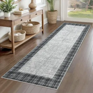 Washable Runner Rug 2x6 Modern Plaid Rugs Distressed Checkered Hallway Runners Non Slip Low Pile Rug Runners Farmhouse Floor Cover for Laundry Room Kitchen Bedroom Living Room, Grey