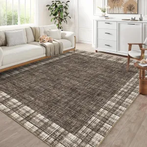 Rugs for Living Room 8x10 Machine Washable Area Rug Modern Plaid Rugs Large Rug Non Slip Low Pile Soft Carpet Indoor Floor Cover for Bedroom, Brown