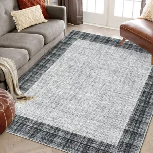 Washable Area Rug 5x7 Plaid Rugs for Living Room Non Slip Throw Rug Checkered Soft Rugs Low Pile Thin Rug Indoor Floor Carpet for Bedroom Home Decor, Grey