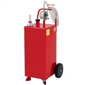 35 Gallon Fuel Caddy with Manual Pump, 9.8 ft UV-Resistant Hose Tank Gauge Ground Clamp 2 Wheels, Portable Gas Diesel Tank for Car Boat ATV Lawn Mower, Red