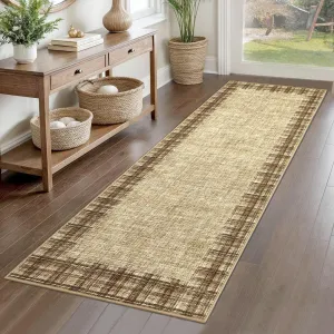 Washable Runner Rug 2x6 Modern Plaid Rug Distressed Checkered Hallway Runners Non Slip Low Pile Rugs Runner Farmhouse Floor Cover for Laundry Room Kitchen Bedroom Living Room, Jute