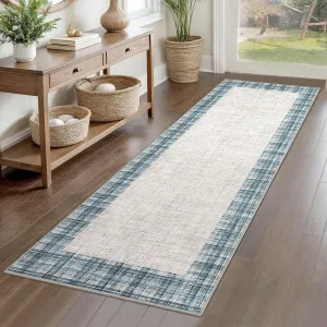 Washable Runner Rug 2x6 Modern Plaid Runners Distressed Checkered Hallway Rug Non Slip Low Pile Rugs Farmhouse Floor Cover for Laundry Room Kitchen Bedroom Living Room, Blue