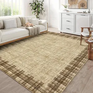 10x13 Large Area Rug Modern Plaid Rugs Distressed Checkered Rugs Low Pile Thin Rug Non Slip Non Shedding Stain Resistant Throw Carpet for Bedroom Living Room, Jute