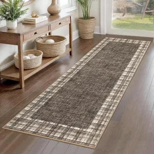 Washable Runner Rug 2x6 Modern Plaid Rug Distressed Checkered Hallway Runners Non Slip Low Pile Rugs Runner Farmhouse Floor Cover for Laundry Room Kitchen Bedroom Living Room, Brown
