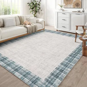 Bordered Blue 10x13 Large Area Rug Modern Plaid Rug Distressed Checkered Rugs Low Pile Thin Rug Non Slip Non Shedding Accent Rugs Stain Resistant Throw Carpet for Bedroom Living Room