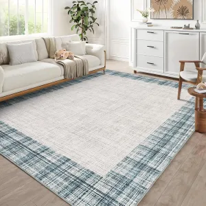 Bordered Blue 5x7 Modern Striped Area Rugs - Washable, Stain Resistant, Low Pile, Non-Slip Backing - Soft Touch Carpet for Living Room, Bedroom