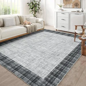 Area Rug 9x12 Washable Rugs Modern Plaid Rug Stain Resistant Accent Rugs Low Pile Non Slip Indoor Floor Cover Soft Carpet for Bedroom Living Room, Grey