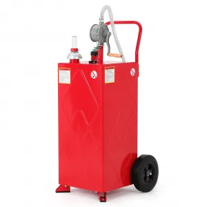 30 Gallon Fuel Caddy with Manual Pump, 9.8 ft UV-Resistant Hose Tank Gauge Ground Clamp & 2 Wheels, Portable Gas Diesel Tank for Car Boat ATV Lawn Mower, Red