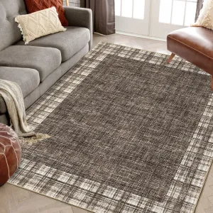 Washable Area Rug 5x7 Plaid Rugs for Living Room Non Slip Throw Rugs Checkered Soft Rug Low Pile Thin Rug Indoor Floor Carpet for Bedroom Home Decor, Brown