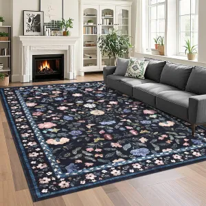 Vintage Floral Area Rug 10x13 Non-Slip Soft Low Pile Faux Wool Polyester Thermoplastic Rubber Washable for Living Room Bedroom