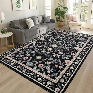 Floral 9x12 Black Washable Area Rug Rug for Living Room, Non-Slip Non-Shedding Soft Vintage Rug, Low Pile Farmhouse Floral Carpet, Non-Shedding Indoor Foldable Printed Rug for Bedroom