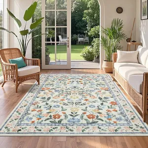 Floral 5x7 Green Washable Rug Non-Slip Non-Shedding Soft Vintage Throw Rug, Low Pile Farmhouse Floral Carpet, Non-Shedding Indoor Foldable Printed Rug for Bedroom Dining Room Kitchen