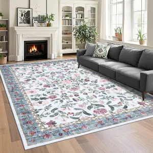 Large Washable Area Rug 10x13 Light Blue - Soft Low Pile, Non-Slip Rubber Backing - Faux Wool, Vintage Floral Design - Foldable, Non-Shedding - Living Room, Bedroom, High-Traffic Areas