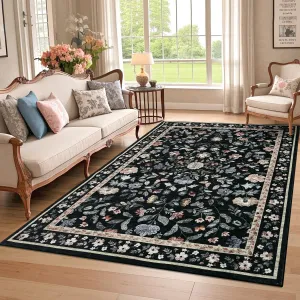 Floral 6x9 Black Washable Rug Low Pile Farmhouse Floral Rug Non-Shedding Indoor Foldable Printed Carpet Black for Bedroom Dining Room Kitchen