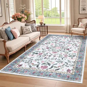 Washable Rug 6x9 Low Pile Farmhouse Floral Rug Non-Shedding Indoor Foldable Carpet Light Blue