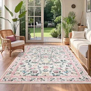 Washable Rug 5 x 7, Low Pile Farmhouse Floral Carpet, Non-Slip Soft Vintage Throw Rug, Non-Shedding Indoor Foldable Printed Rugs for Bedroom Dining Room Kitchen, Pink