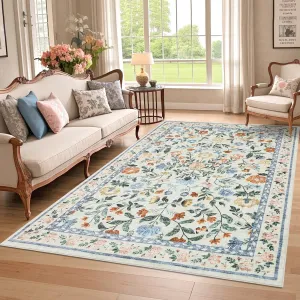 Washable Rug 6x9 Low Pile Farmhouse Floral Rug Non-Shedding Indoor Foldable Carpet Green
