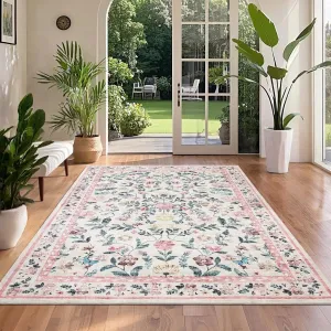 Floral Rug 4 x 6, Non-Shedding Indoor Foldable Printed Rug for Bedroom Kitchen, Non-Slip Soft Vintage Throw Low Pile Farmhouse Washable Carpet, Pink