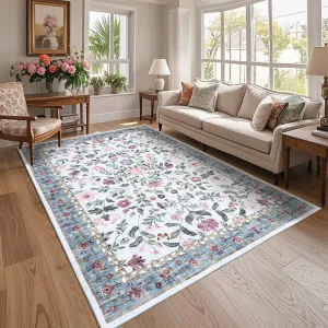 Washable Area Rug 8x10 Non-Slip Soft Vintage Living Room Rug, Low Pile Farmhouse Floral Carpet, Non-Shedding Foldable Printed Rugs for Home Office Kids Playroom, Light blue