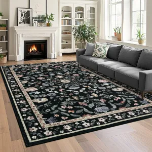 Floral 10x13 Black Large Washable Area Rug for Living Room, Non-Slip Non-Shedding Soft Vintage Rug, Low Pile Farmhouse Floral Carpet, Non-Shedding Foldable Printed Rug for Bedroom