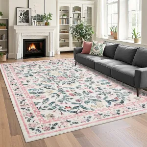 Floral 10x13 Pink Large Washable Area Rug for Living Room, Non-Slip Non-Shedding Soft Vintage Rug, Low Pile Farmhouse Floral Carpet, Non-Shedding Foldable Printed Rug for Bedroom
