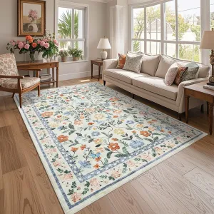 Floral 8x10 Green Washable Area Rug Non-Slip Non-Shedding Soft Vintage Living Room Rug, Low Pile Farmhouse Floral Carpet, Non-Shedding Foldable Printed Rug for Home Office Kids Playroom