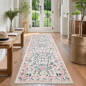 Washable Runner Rug 2 x 6 Non-Slip Non-Shedding Soft Vintage Bedside Rug, Low Pile Farmhouse Floral Carpet, Indoor Foldable Printed Entryway Rug for Hallway Kitchen, Pink