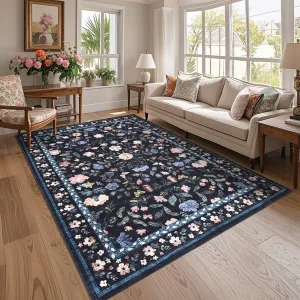 Washable Area Rug 8x10 Non-Slip Soft Vintage Living Room Rug, Low Pile Farmhouse Floral Carpet, Non-Shedding Foldable Printed Rugs for Home Office Kids Playroom, Dark grey blue