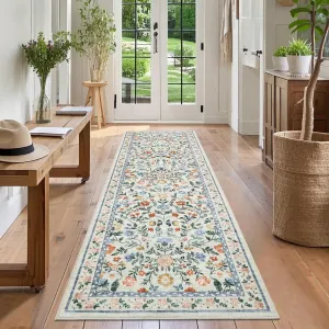 Floral 2x6 Green Washable Runner Rug Non-Slip Non-Shedding Soft Vintage Bedside Rug, Low Pile Farmhouse Floral Carpet, Indoor Foldable Printed Entryway Rug for Hallway Kitchen