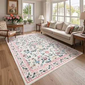Floral 8x10 Pink Washable Area Rug Non-Slip Non-Shedding Soft Vintage Living Room Rug, Low Pile Farmhouse Floral Carpet, Non-Shedding Foldable Printed Rug for Home Office Kids Playroom