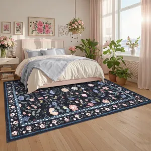 Washable Vintage Floral Area Rug 9x12 - Soft Low Pile, Non-Slip Backing - Polyester & Faux Wool - Foldable, Non-Shedding - Dark Grey Blue - Living Room, Bedroom