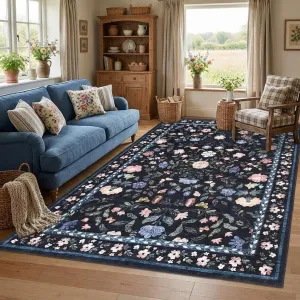 5x7 Washable Non-Slip Rug Vintage Floral Area Rug for Living Room Nursery Playroom Office Dark Blue