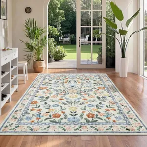 Floral Washable Rug 4x6, Non-Shedding Indoor Foldable Printed Rug for Bedroom Kitchen, Non-Slip Soft Vintage Throw Low Pile Farmhouse Washable Carpet, Green