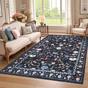Washable Rug 6x9 Low Pile Farmhouse Floral Rug Non-Shedding Indoor Foldable Carpet Dark Blue