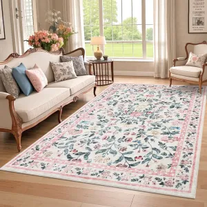 Washable Rug 6x9 Low Pile Farmhouse Floral Rug Non-Slip Soft Vintage Pink for Bedroom Dining Room Kitchen