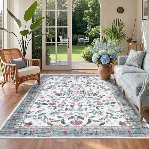 Floral Washable Rug 4x6, Non-Slip Low Pile Botanical Carpet, Vintage Farmhouse Area Rug, Light Blue