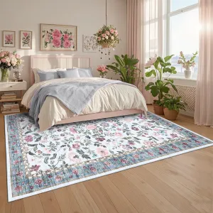 Vintage Floral Area Rug 9x12 Light Blue - Soft Low Pile, Non-Slip Backing, Polyester & Faux Wool, Machine Washable, Foldable for Living Room & Bedroom