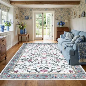 5x7 Washable Non-Slip Rug Vintage Floral Area Rug for Living Room Nursery Playroom Light Blue