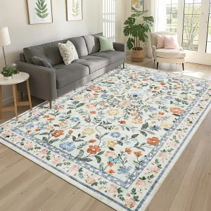 Floral 9x12 Green Washable Area Rug for Living Room, Non-Slip Non-Shedding Soft Vintage Rug, Low Pile Farmhouse Floral Carpet, Non-Shedding Indoor Foldable Printed Rug for Bedroom