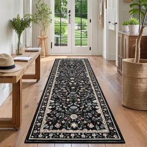 Washable Runner Rug 2x6 Non-Slip Non-Shedding Soft Vintage Bedside Rug, Low Pile Farmhouse Floral Carpet, Indoor Foldable Printed Entryway Rug for Hallway Kitchen, Black