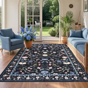 Floral Washable Rug 4x6 Non-Slip Low Pile Botanical Carpet Vintage Farmhouse Area Rug Dark Blue