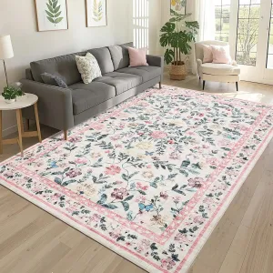 Floral 9x12 Pink Washable Area Rug for Living Room, Non-Slip Non-Shedding Soft Vintage Rug, Low Pile Farmhouse Floral Carpet, Non-Shedding Indoor Foldable Printed Rug for Bedroom