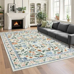 Floral 10x13 Green Large Washable Area Rug for Living Room, Non-Slip Non-Shedding Soft Vintage Rug, Low Pile Farmhouse Floral Carpet, Non-Shedding Foldable Printed Rug for Bedroom