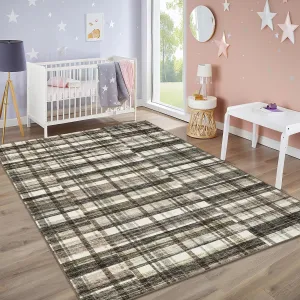 Plaid Beige & Camel Multi 5x7 Area Rug Soft Faux Wool Non Slip Distressed Modern