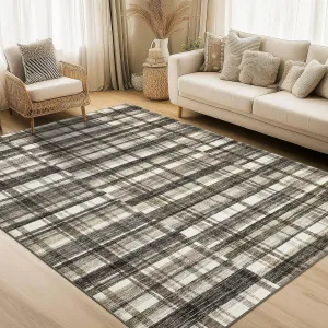 Plaid Beige & Camel Multi 9x12 Living Room Area Rugs Modern Distressed Plaid Low Pile Washable Non Slip