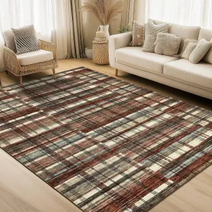 5x7 Area Rug Distressed Modern Plaid Low Pile Faux Wool Soft Washable Stain Resistant Dark Red for Living Room Bedroom Nursery Office
