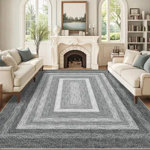 9x12 Area Rug Soft Washable Non-Slip Braided Print Polyester Thin Low Pile Living Room Nursery Dining Room
